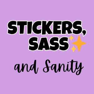 Light purple background, stickers, sass and sanity
