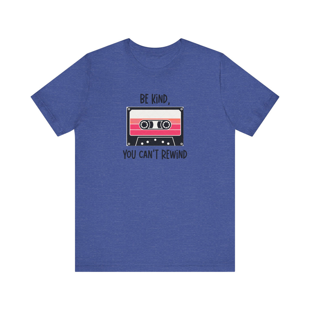 Rock retro vibes with this “Be Kind You Can’t Rewind” cassette tape tee. Funny, positive, and nostalgic graphic shirt for 80s & 90s music lovers.