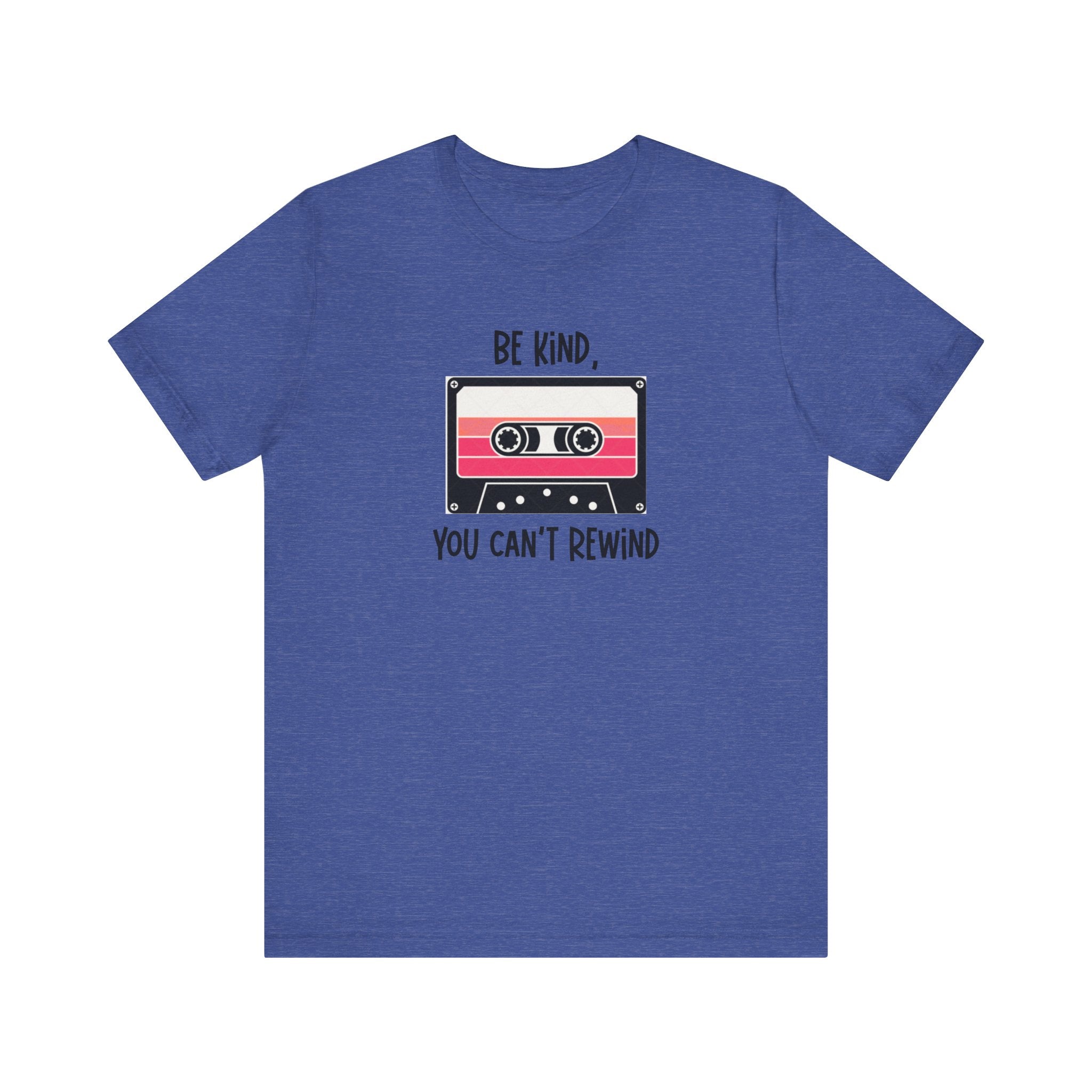 Rock retro vibes with this “Be Kind You Can’t Rewind” cassette tape tee. Funny, positive, and nostalgic graphic shirt for 80s & 90s music lovers.
