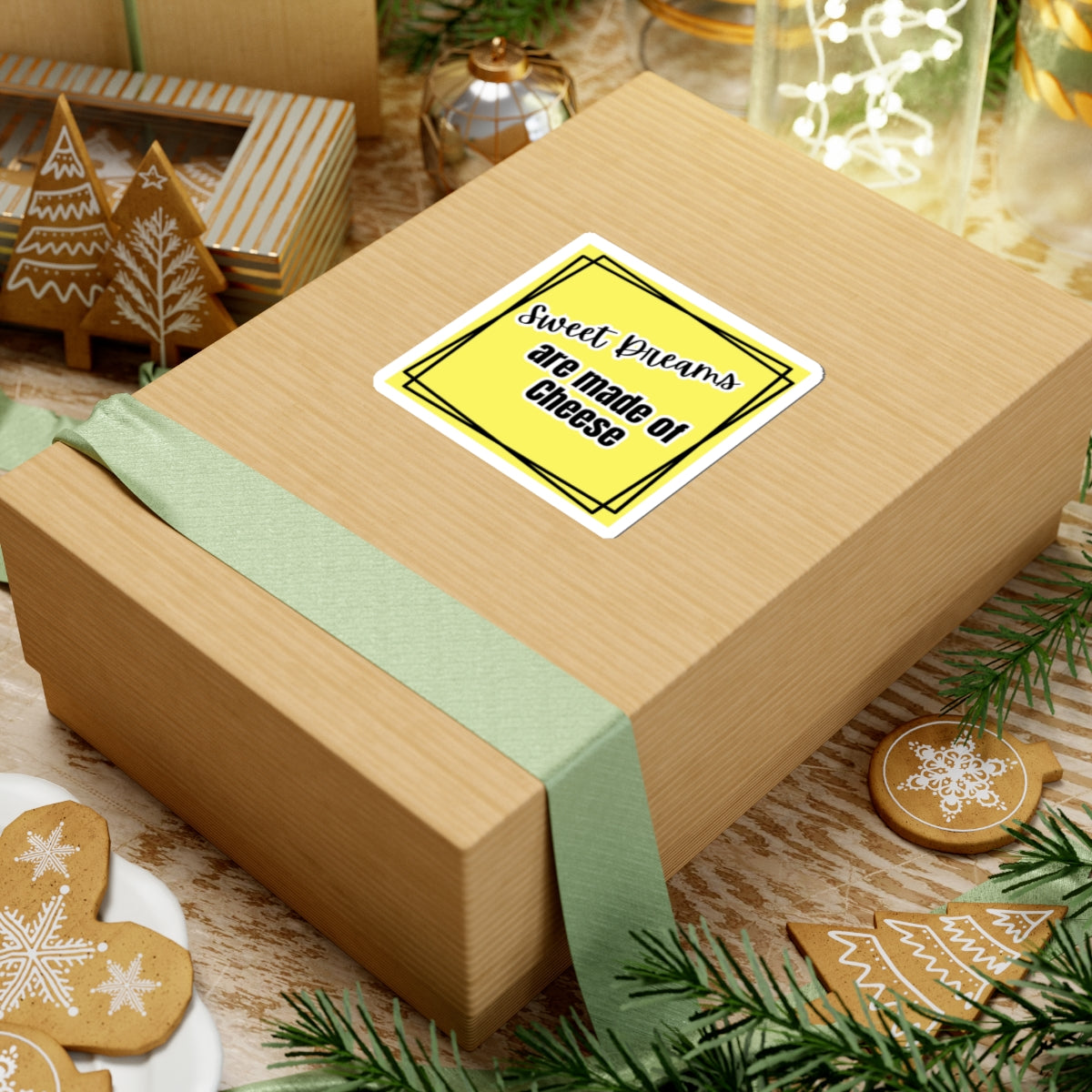 Wooden gift box with a yellow label and green ribbon, surrounded by Christmas-themed cookies and decorations.
