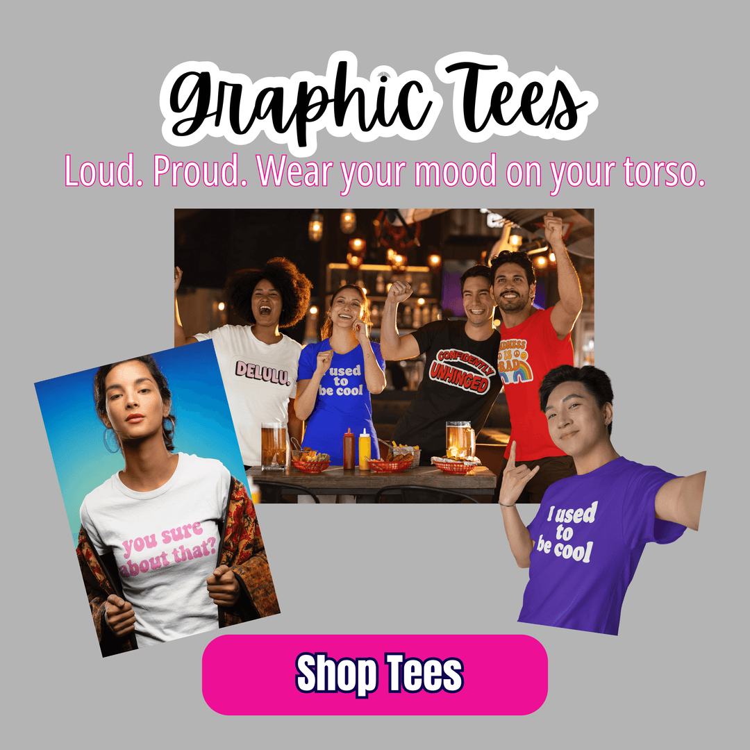 Promotional graphic for graphic tees with people wearing various shirts and a call to action to shop tees.