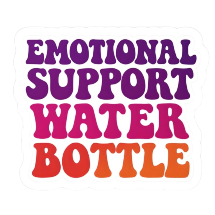 Text 'EMOTIONAL SUPPORT WATER BOTTLE' in purple, pink, and orange on a white background