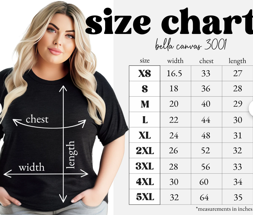 Woman wearing a black t-shirt with size chart measurements displayed.