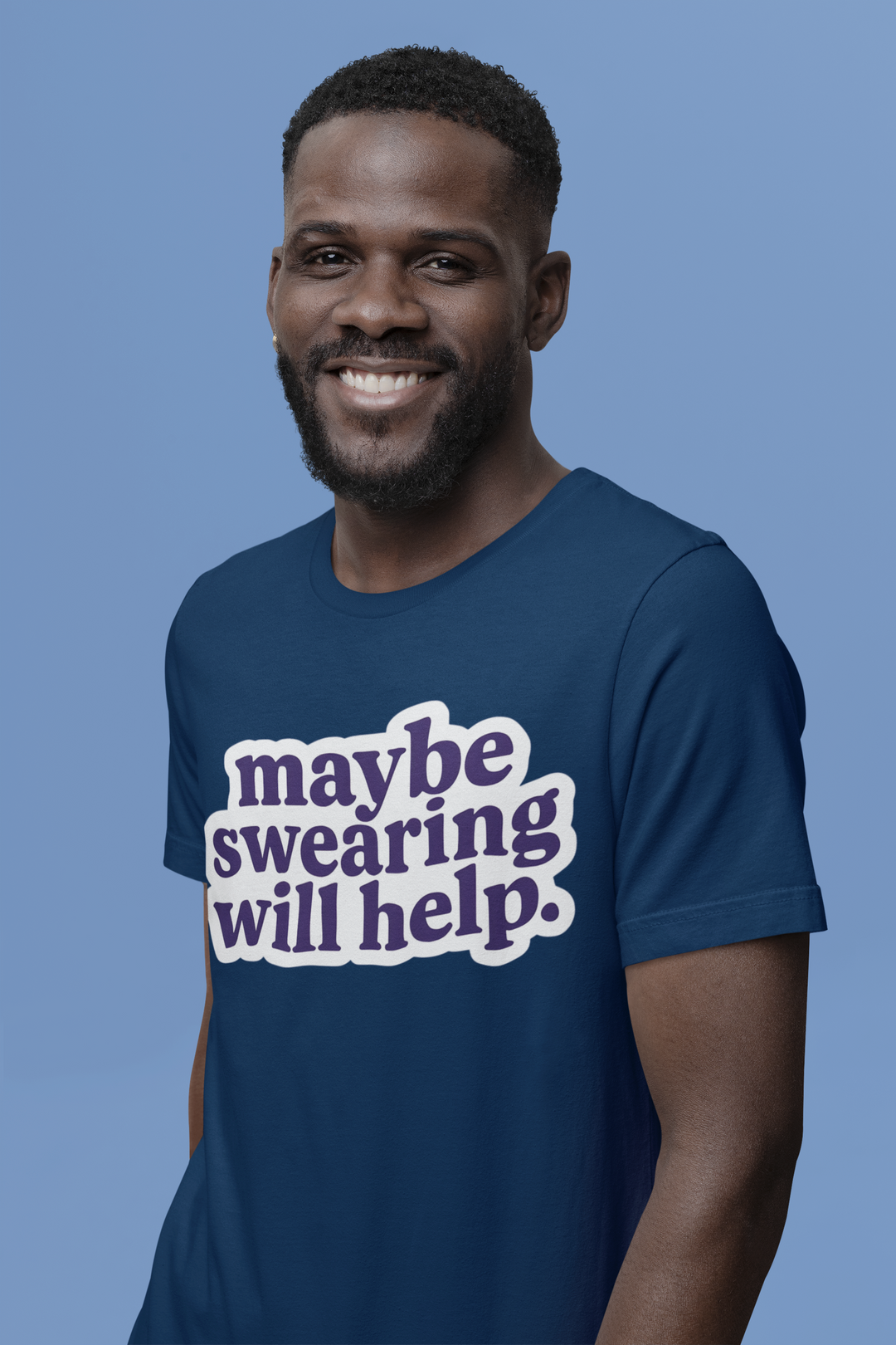 Man wearing a blue t-shirt with maybe swearing will help text on a solid background