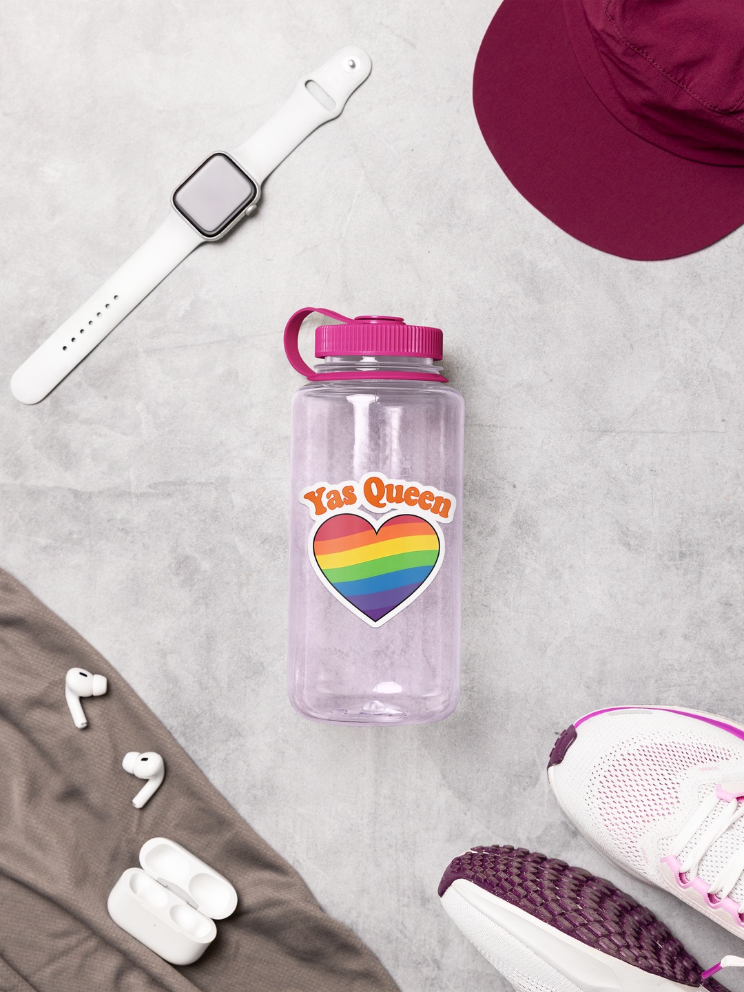 “Funny waterproof YAS Queen rainbow sticker on water bottle, great for hydration and hype”