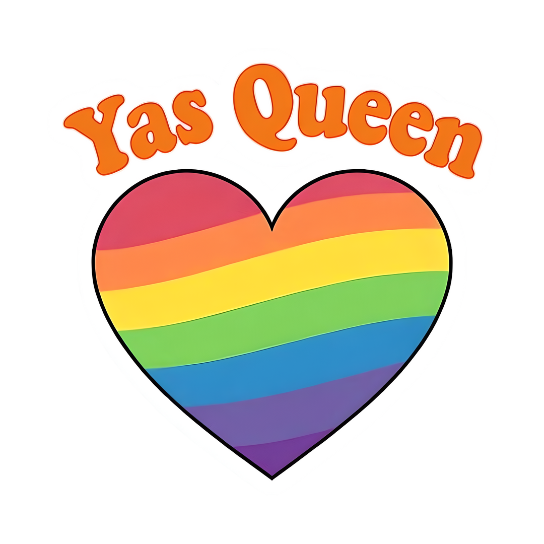 “YAS Queen rainbow vinyl sticker with bold text and playful pride design”