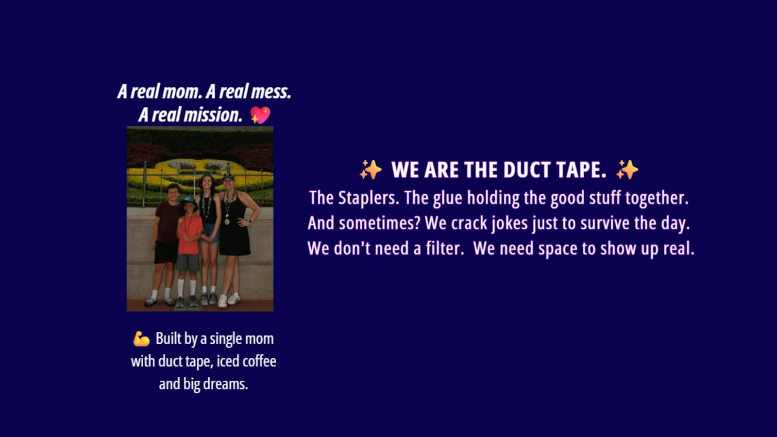 Promotional graphic with text and the founder's family photo on a blue background