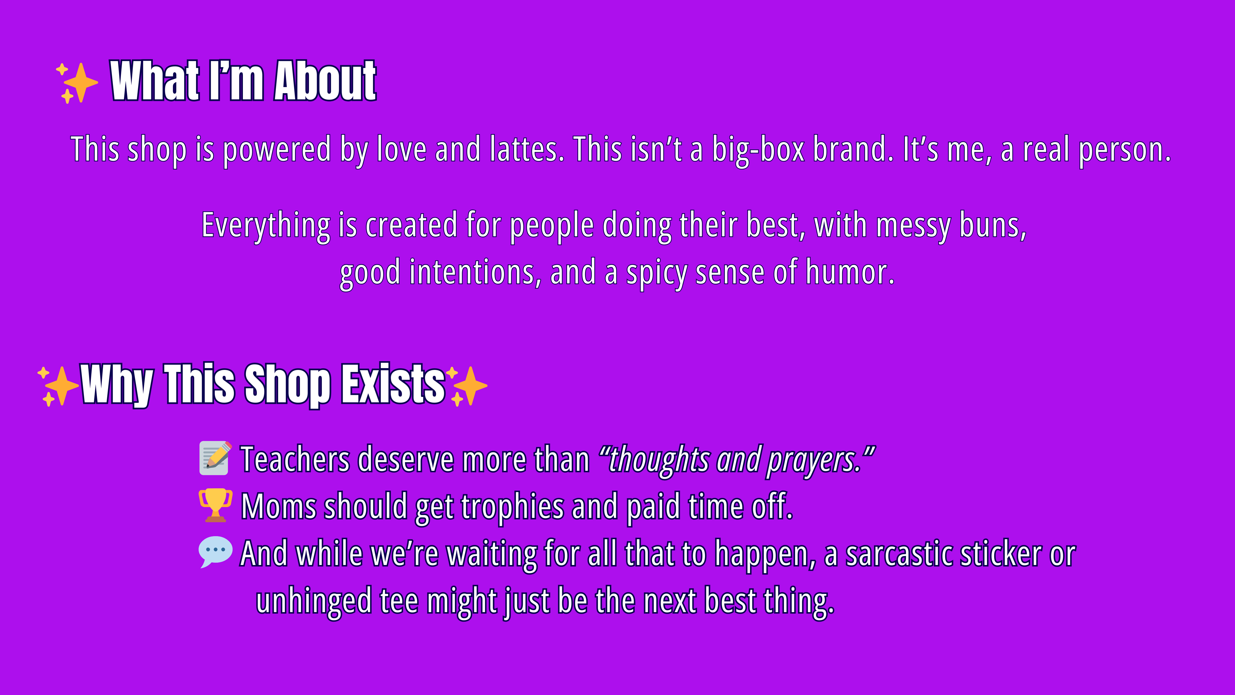 Purple background with white text about a shop's philosophy and mission.