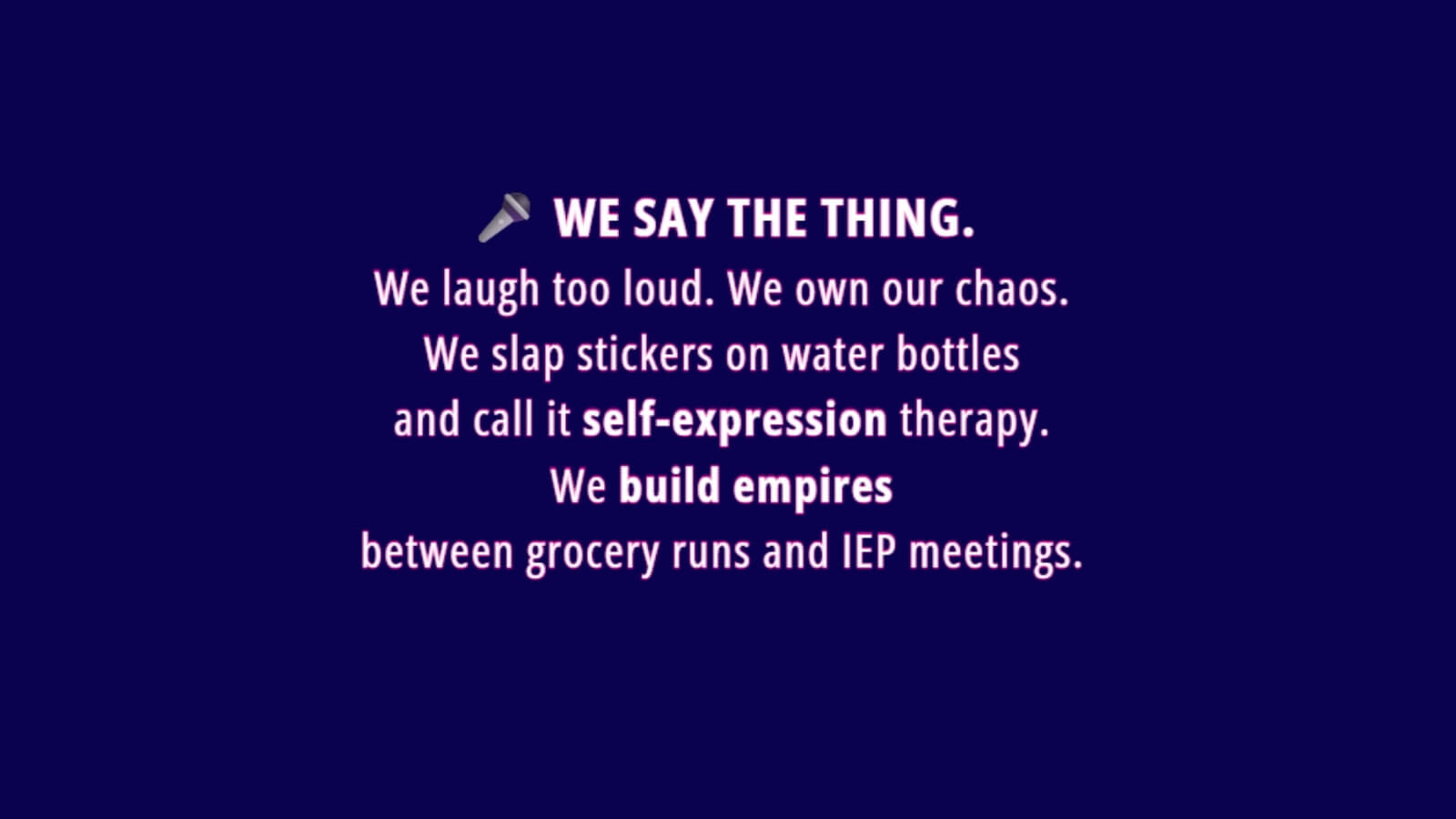 Core values of Unfiltered Goods shown on navy background with honesty, humor, and chaos