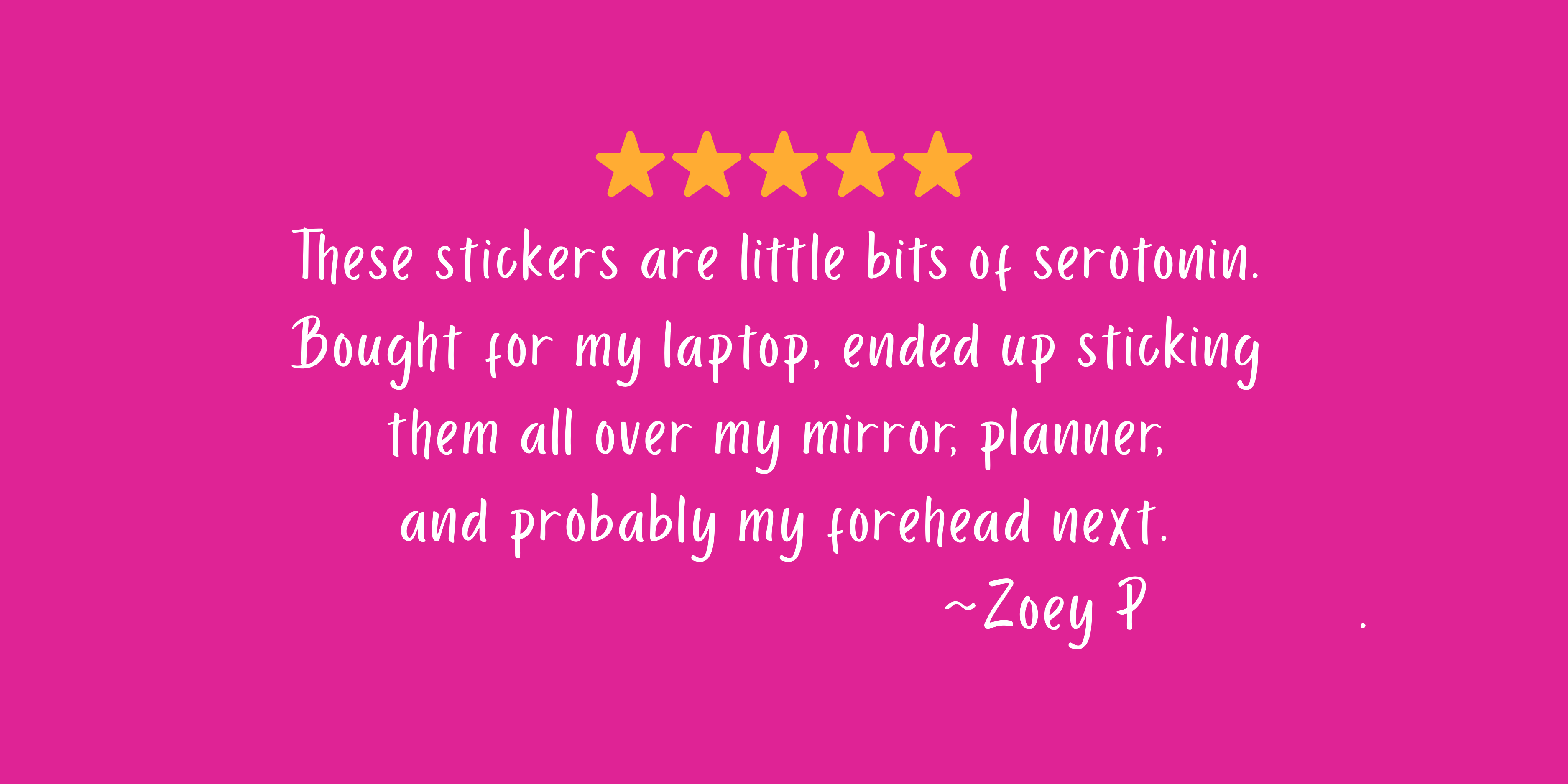 Five-star rating with a humorous review on a pink background