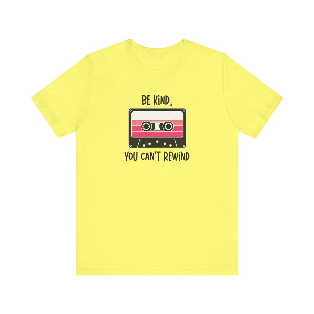 Rock retro vibes with this “Be Kind You Can’t Rewind” cassette tape tee. Funny, positive, and nostalgic graphic shirt for 80s & 90s music lovers.