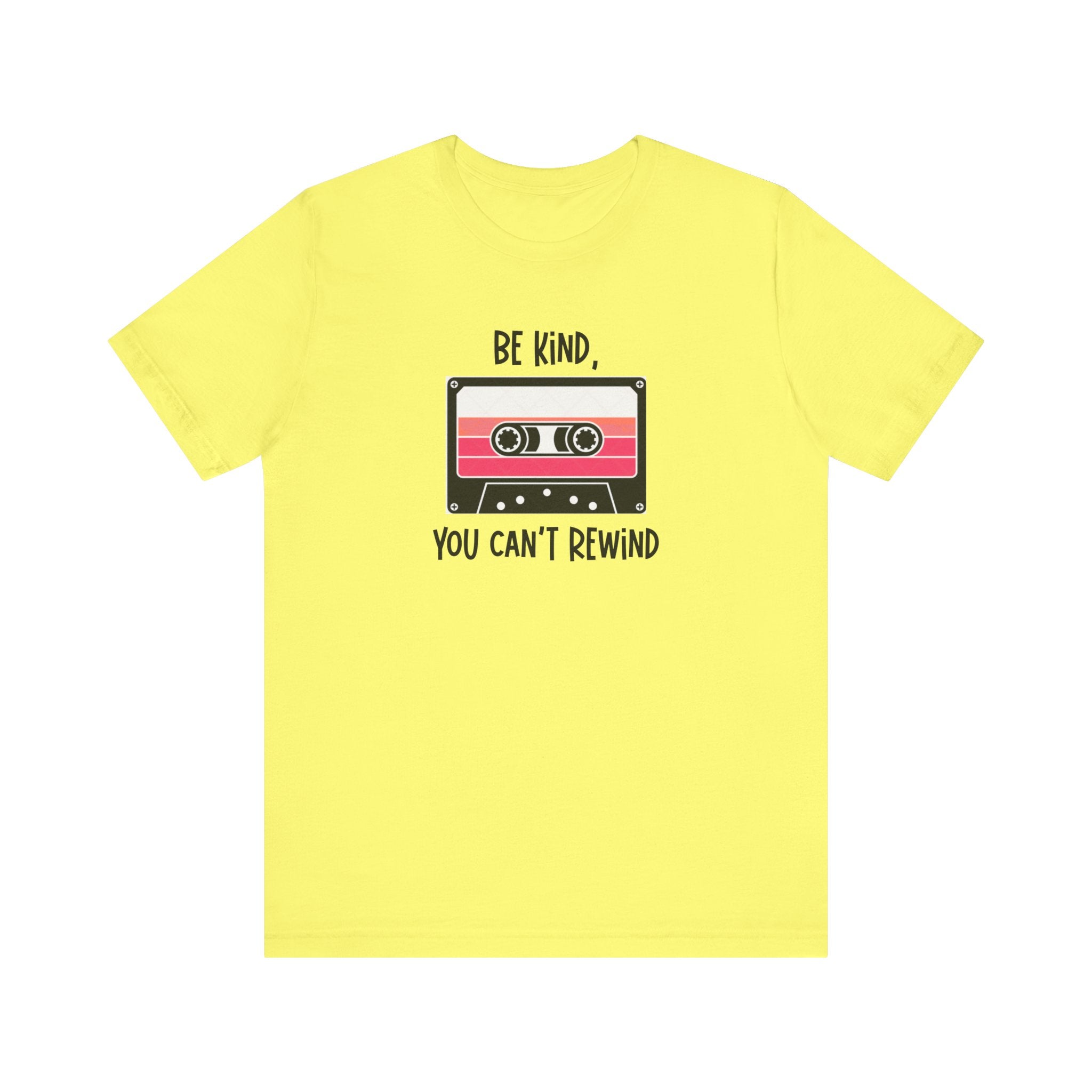 Rock retro vibes with this “Be Kind You Can’t Rewind” cassette tape tee. Funny, positive, and nostalgic graphic shirt for 80s & 90s music lovers.