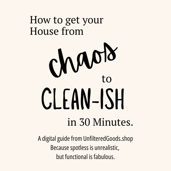 Text overlay on a white background about transforming a house from chaos to 'clean-ish' in 30 minutes.