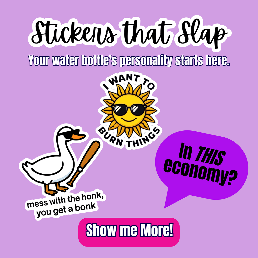 Promotional graphic for 'Stickers that Slap' with various stickers on a purple background.