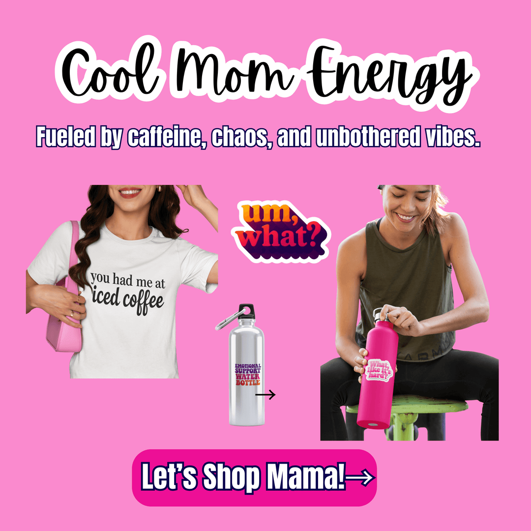 Promotional graphic for 'Cool Mom Energy' with two women, a water bottle, and a pink product on a pink background.