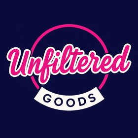 Logo with 'Unfiltered Goods' text on a dark blue background