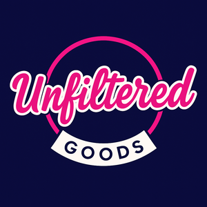 Logo with 'Unfiltered Goods' text on a dark blue background