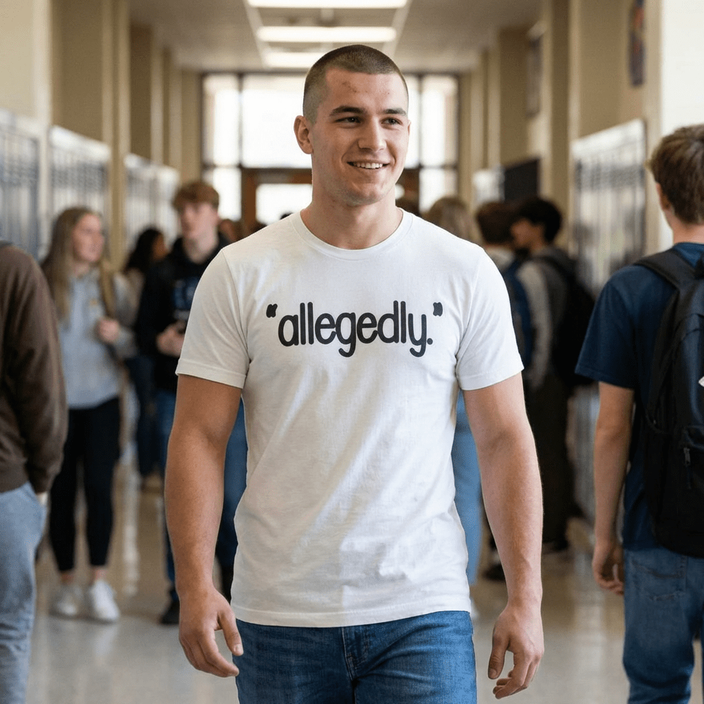 Allegedly Shirt | Funny Minimalist Graphic Tee | Sarcastic Humor Shirt | Trendy Quote Shirt | Conversation Starter Tee - Unfiltered Goods