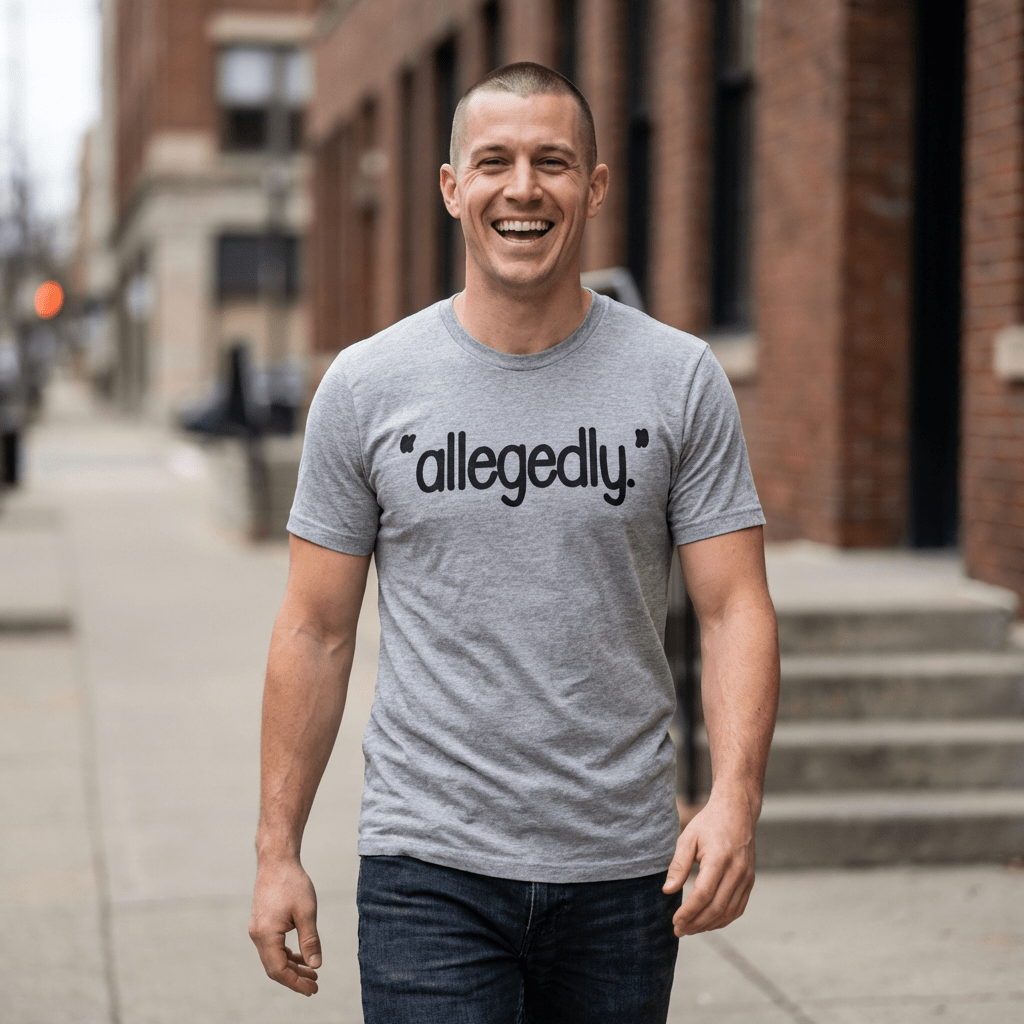 Allegedly Shirt | Funny Minimalist Graphic Tee | Sarcastic Humor Shirt | Trendy Quote Shirt | Conversation Starter Tee - Unfiltered Goods