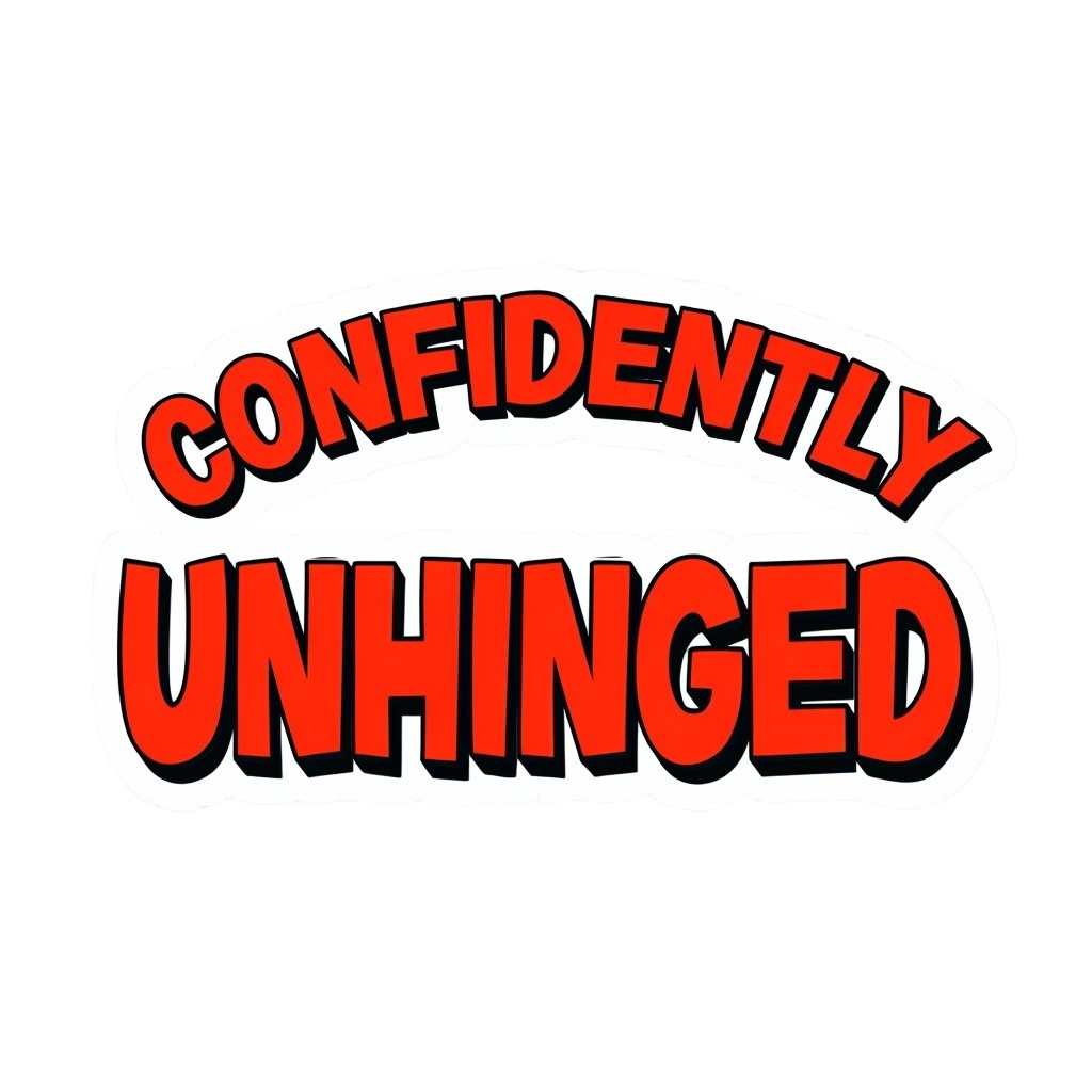 Red text 'CONFIDENTLY UNHINGED' on a white background