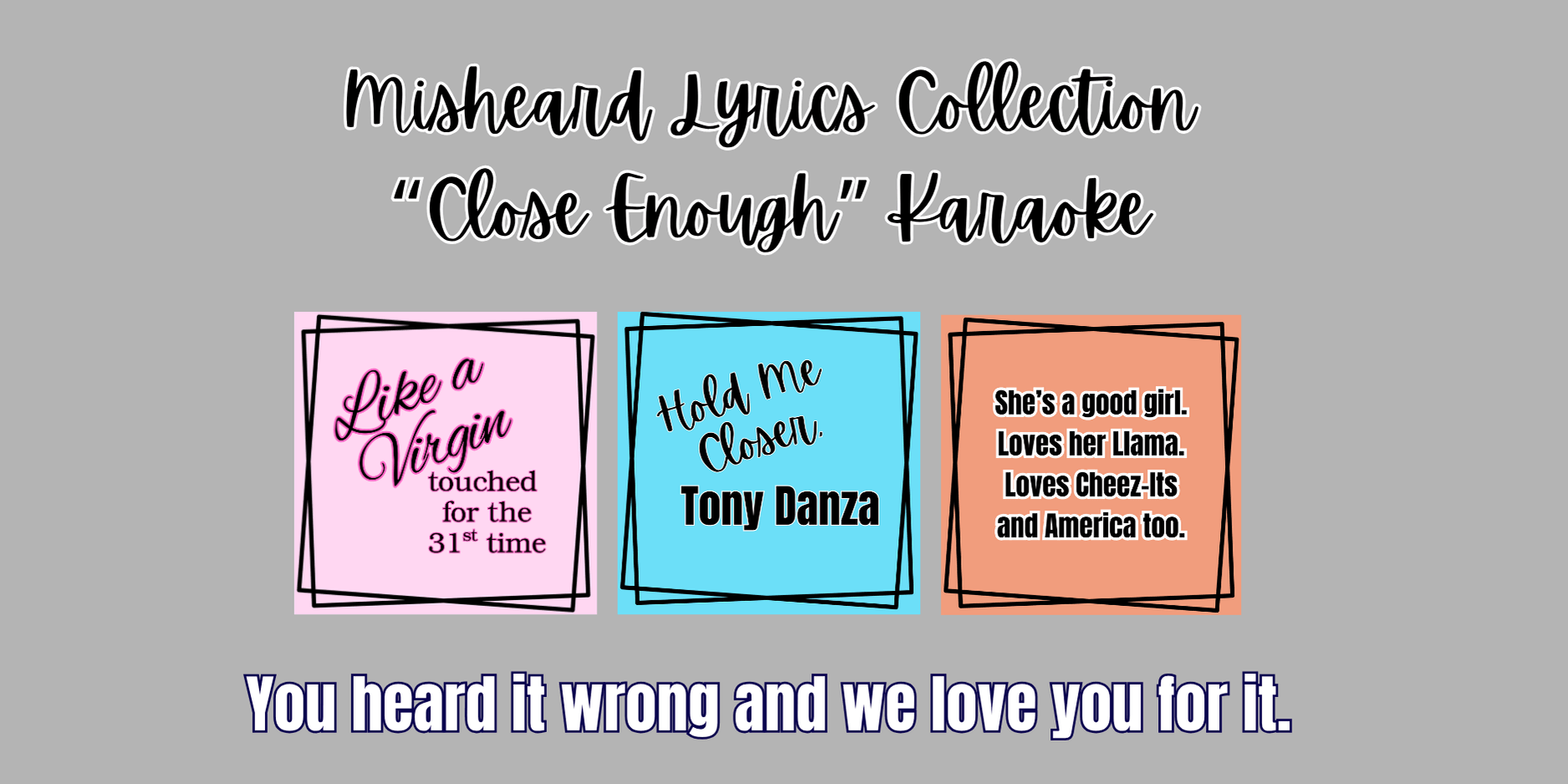 Misheard lyrics collection with colorful cards on a gray background