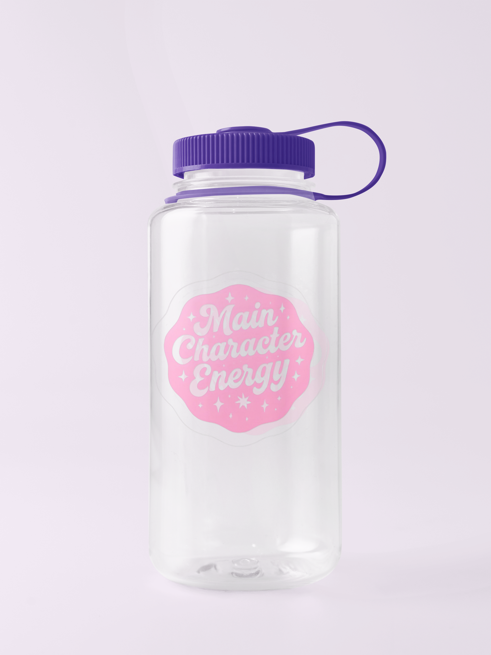 Clear water bottle with purple lid and pink "Main Character Energy" on a white background