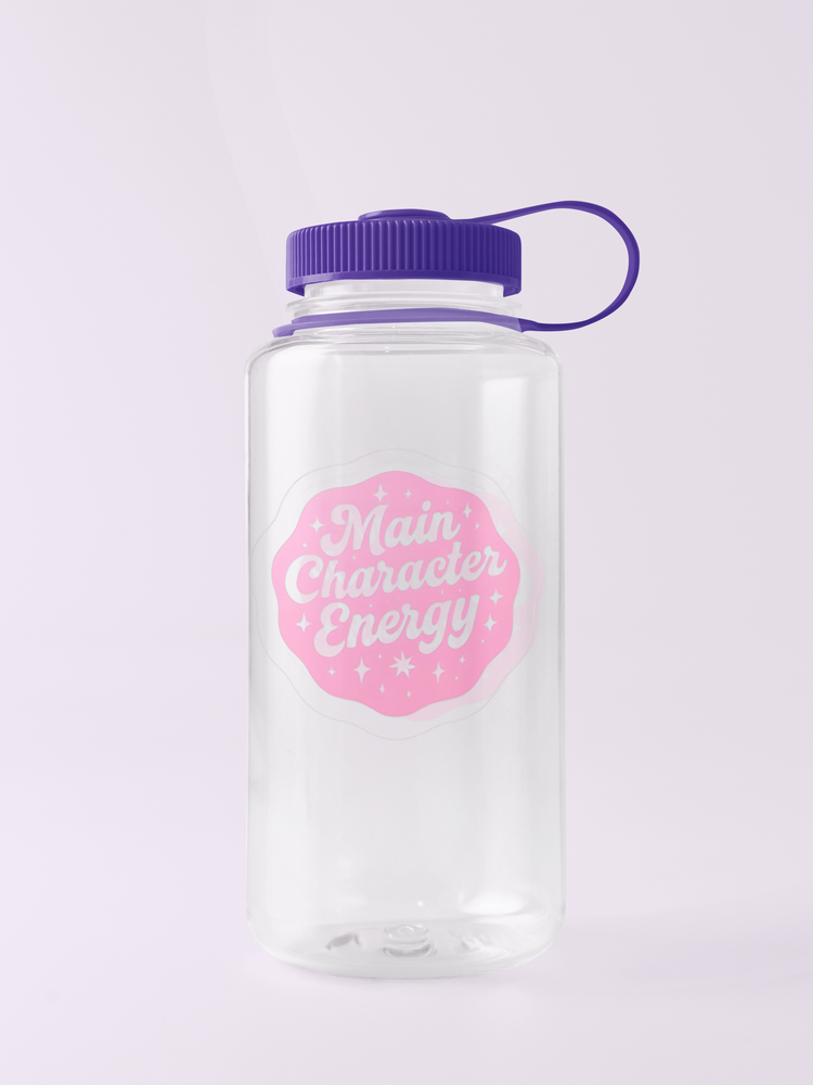 Clear water bottle with purple lid and pink "Main Character Energy" on a white background