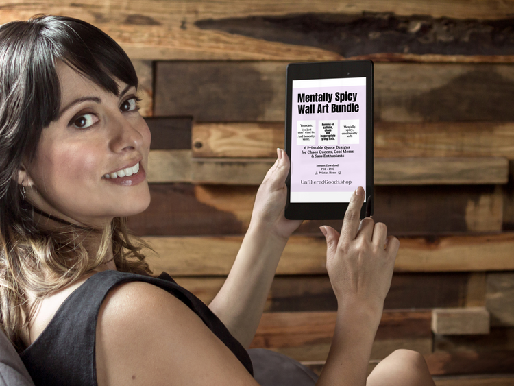 Woman holding a tablet with a product bundle offer against a wooden wall.